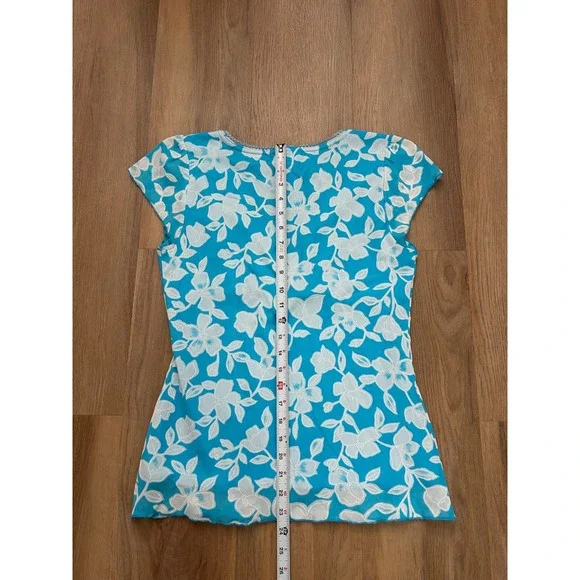 Vintage Turquoise Floral Mesh Babydoll Top Y2K Cap Sleeve XL tropical goingout - Picture 6 of 6